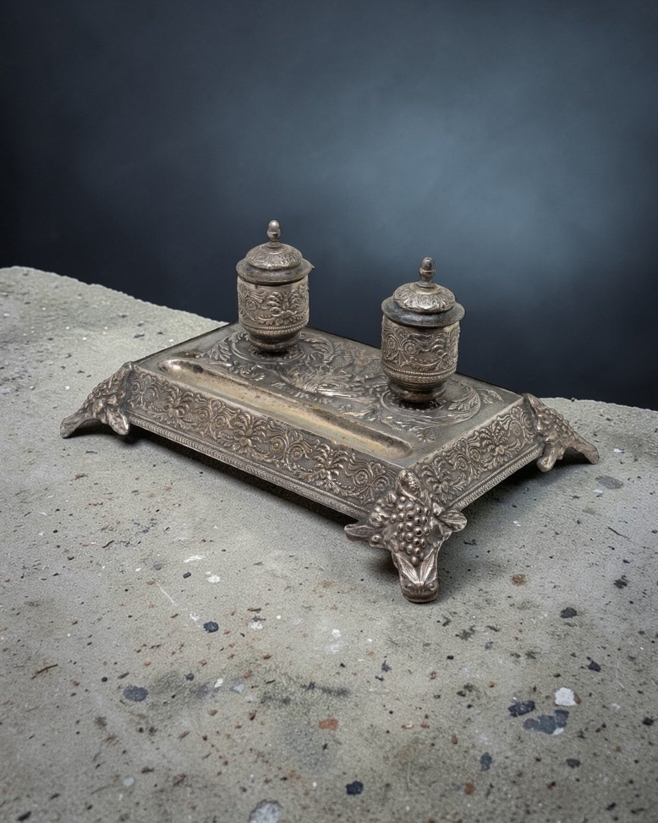 Silver-plated Metal Inkwell – 19th Century-photo-4